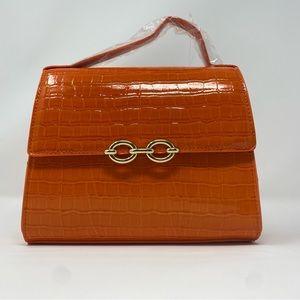 JustFab Crossbody Chain Hardware Top Handle Bag, Mandarin Orange, White